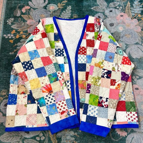 Handamde Jacket Womens Large Colorful Patchwork Quilted Open Front Rainbow - Picture 9 of 16